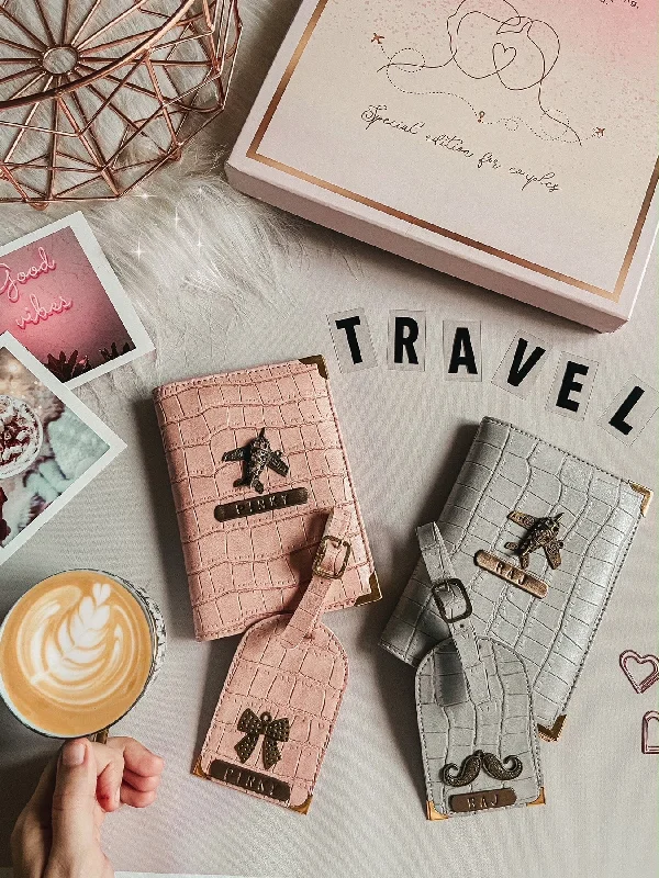 Cowhide Leather Passport Covers & Wallets with a Rustic Western LookCouple Passport Cover & Luggage Tag - Salmon Pink & Coral Grey Cowhide Leather Passport Covers & Wallets with a Rustic Western LookCouple Passport Cover & Luggage Tag - Salmon Pink & Coral Grey