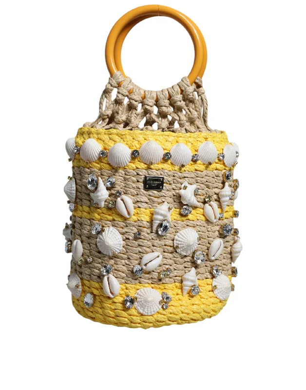 Dolce & Gabbana  yellow Rafia Seashells Crystal Bucket Women's Bag (Pre-Owned)