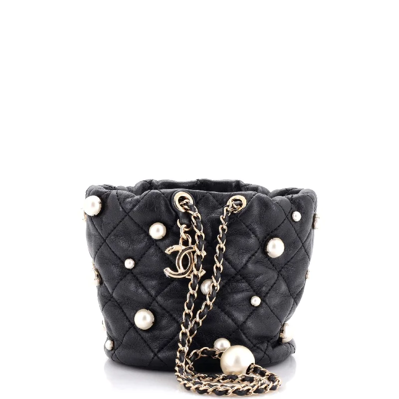 Drawstring Round Bucket Bag Pearl Embellished Quilted Lambskin Mini