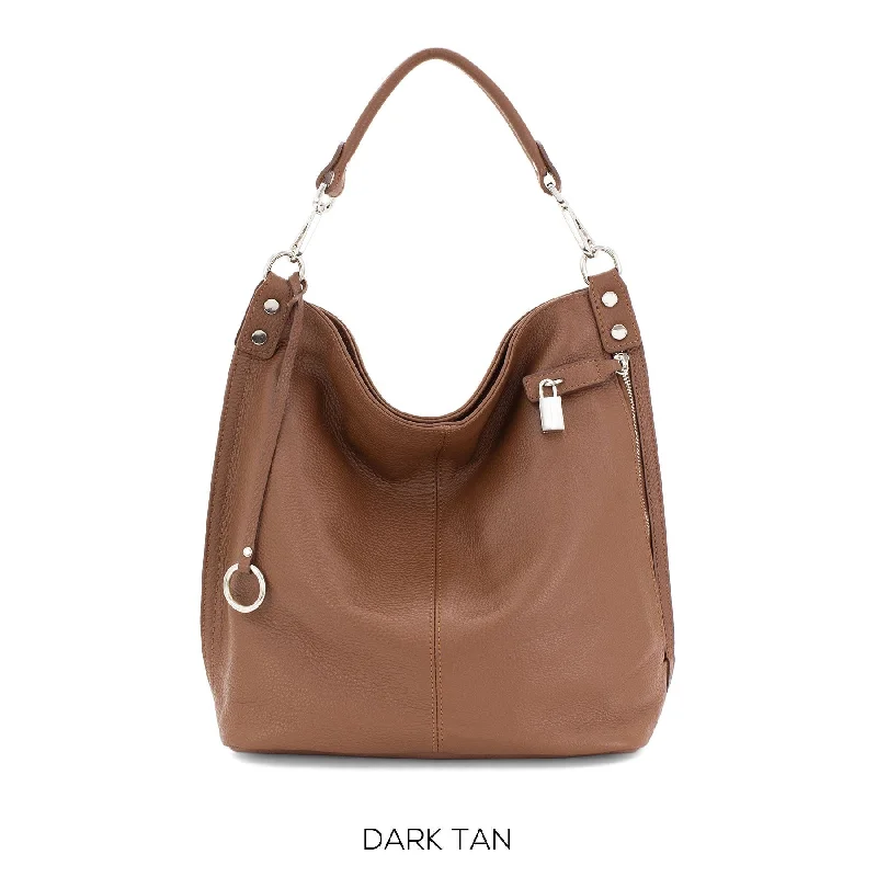 Genuine Leather Right Pocket Hobo Bag Made in Italy Front pocket secured by a pull padlock soft ladies handbag pebbled Leather Gift For Her