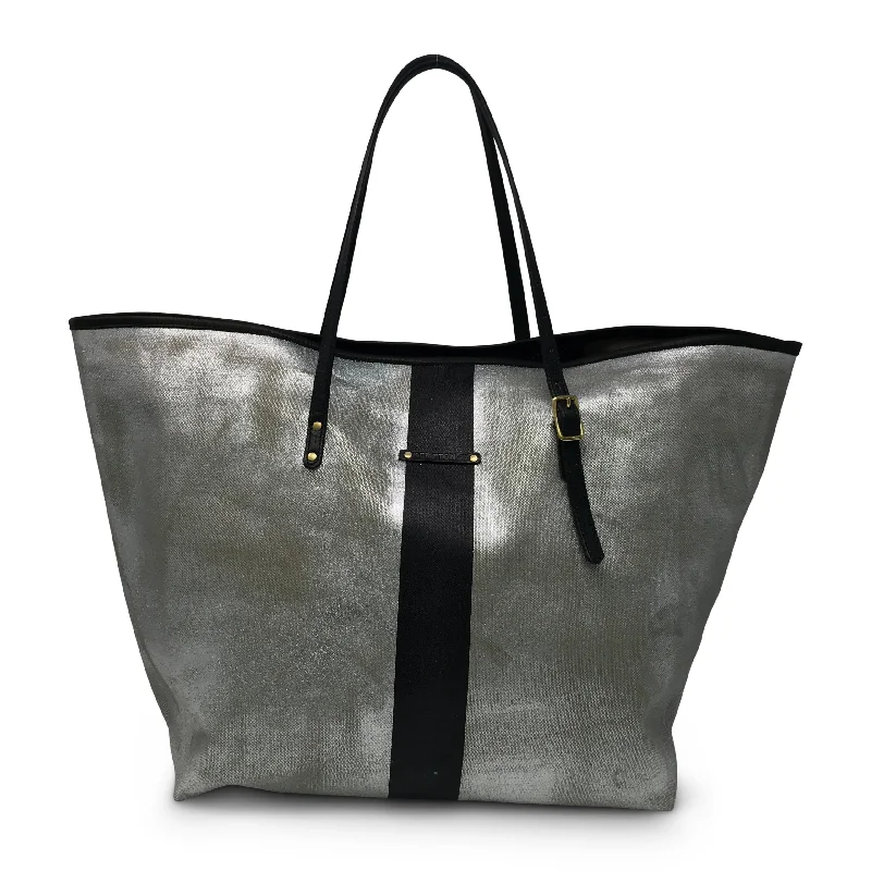 Metallic Canvas Black Striped Urban Beach Tote - Silver/black