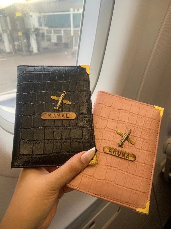 Vintage-Style Passport Covers & Wallets with Brass Hardware for Retro EnthusiastsPersonalised Couple Black & Salmon Pink Croc Passport Cover Vintage-Style Passport Covers & Wallets with Brass Hardware for Retro EnthusiastsPersonalised Couple Black & Salmon Pink Croc Passport Cover