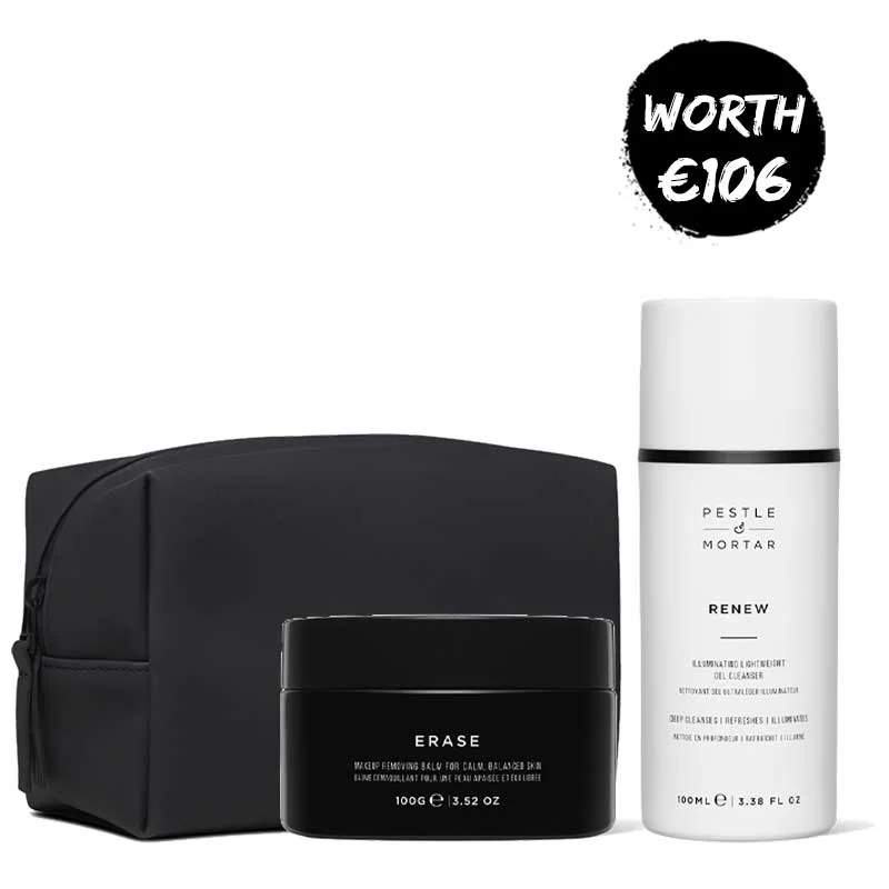 Pestle & Mortar Erase Balm, Renew Gel Cleanser + FREE Large Cosmetics Bag