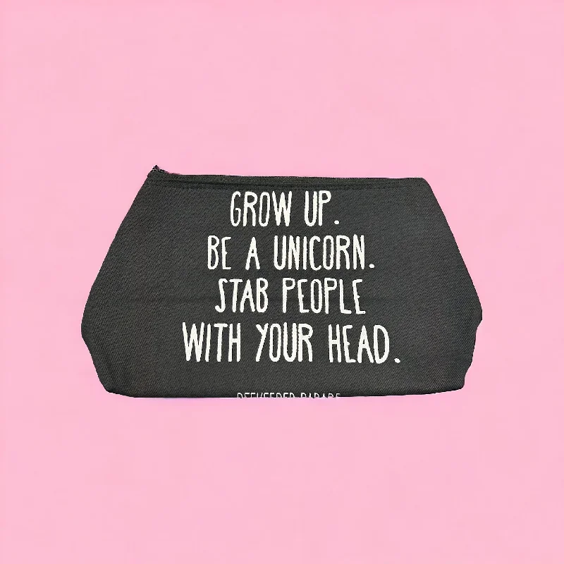 THE "GROW UP. BE A UNICORN 🦄" QUOTE Large Toiletry + Makeup Bag (BLACK CANVASS)