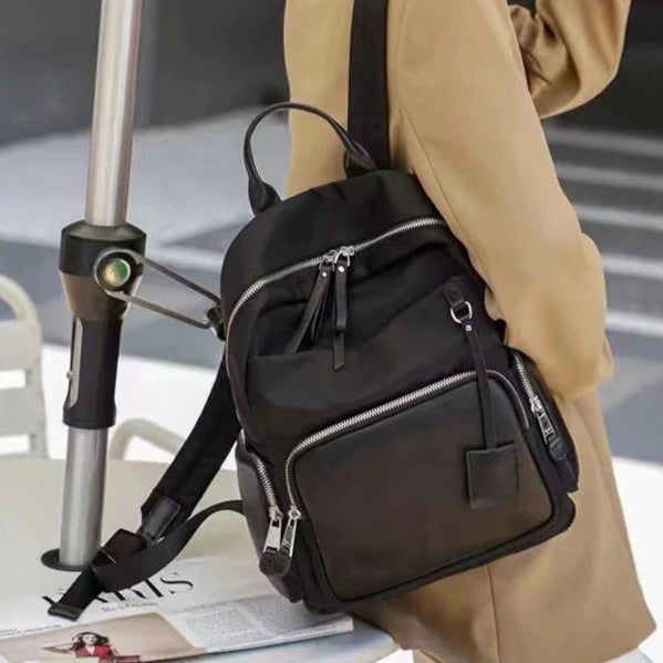 Women's Black Nylon Backpack With Leather Black Bookbag For Women
