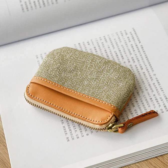 Womens Canvas And Leather Coin Wallet Small Coin Purse With Zipper