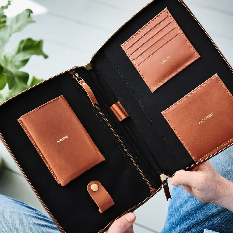 Foldable fabric travel bag for convenient storage when not in useFoldable fabric travel bag for convenient storage when not in useLeather iPad Travel Organiser
