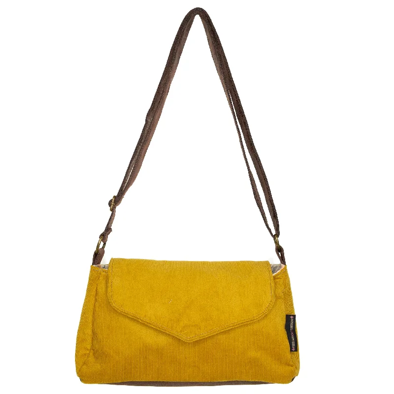 Vintage - style crossbody bag with a brass frame and leather strapsAnnie: Mustard Corduroy