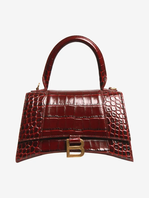Burgundy small Hourglass crocskin bag