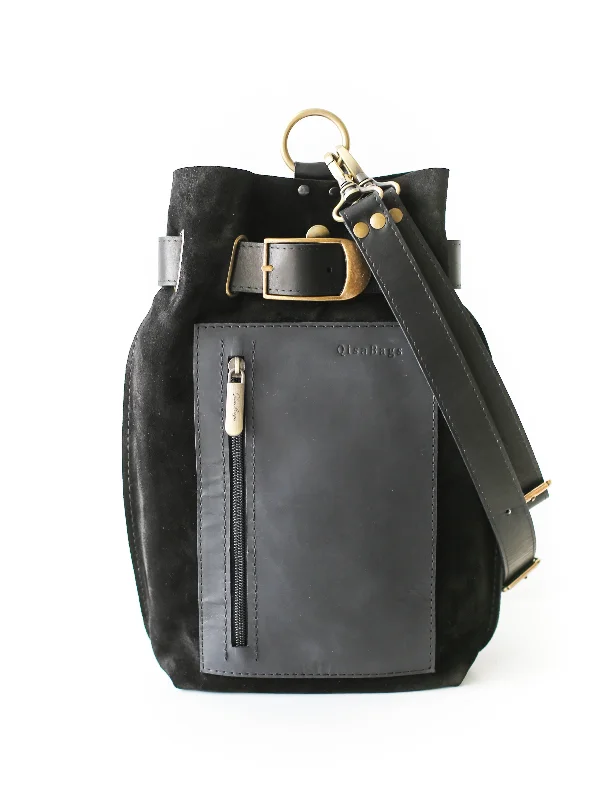 Plus - size crossbody bag with a roomy interior for carrying essentialsBlack Suede Sling Backpack Plus - size crossbody bag with a roomy interior for carrying essentialsBlack Suede Sling Backpack