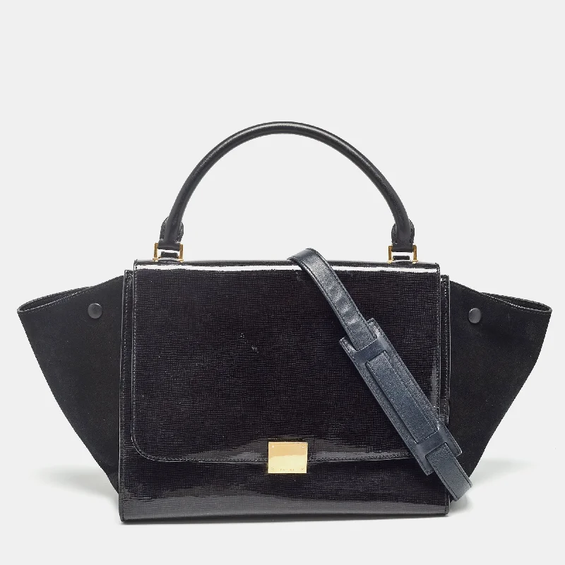 Celine Black Patent Leather And Suede Medium Trapeze Top Handle Bag