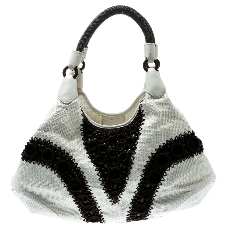 Cole Haan White/brown Woven Leather Beaded Hobo