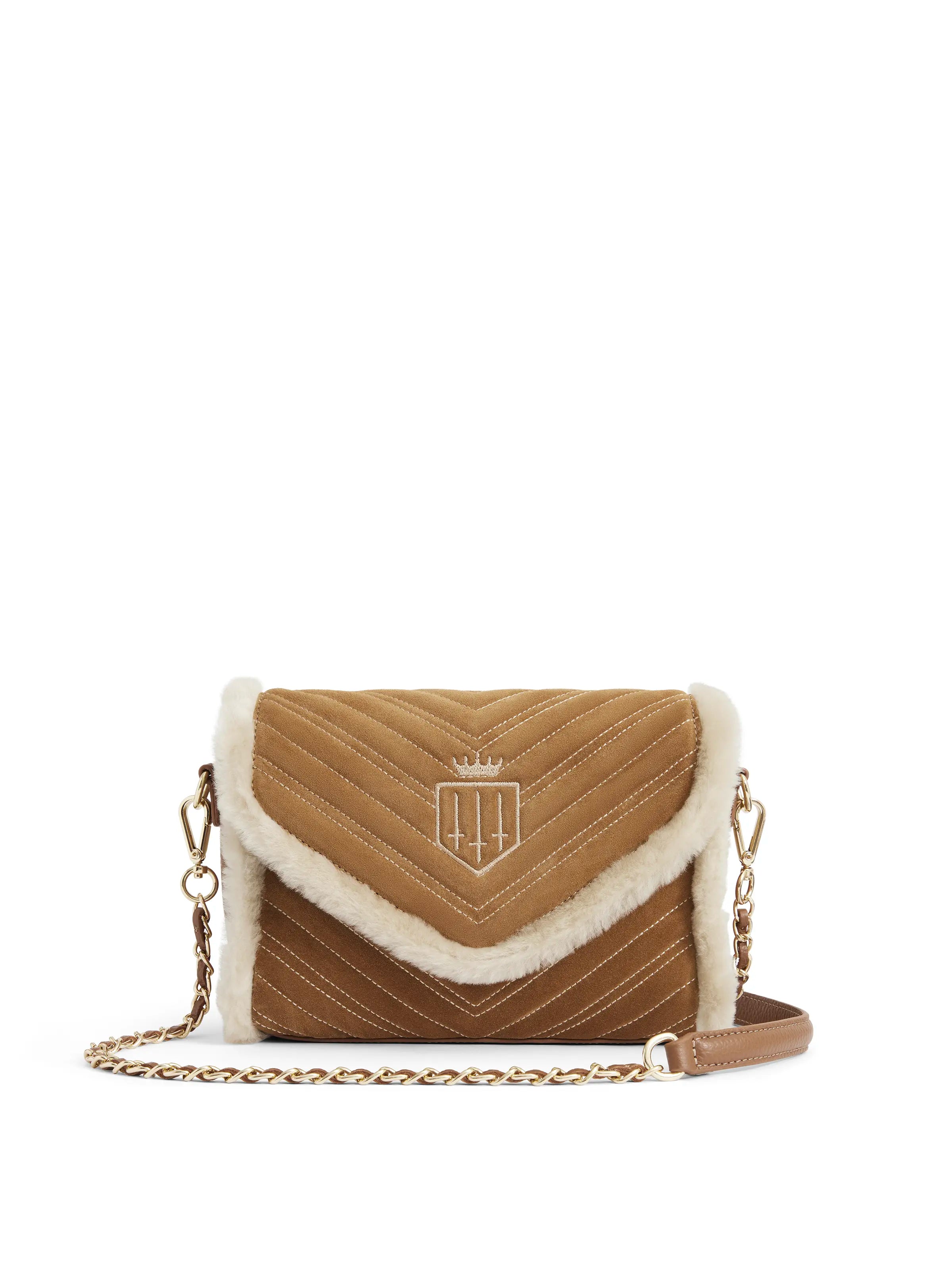 Waterproof crossbody bag with a zippered closure for outdoor adventuresEdinburgh Cross Body Bag - Tan Suede & Shearling Waterproof crossbody bag with a zippered closure for outdoor adventuresEdinburgh Cross Body Bag - Tan Suede & Shearling