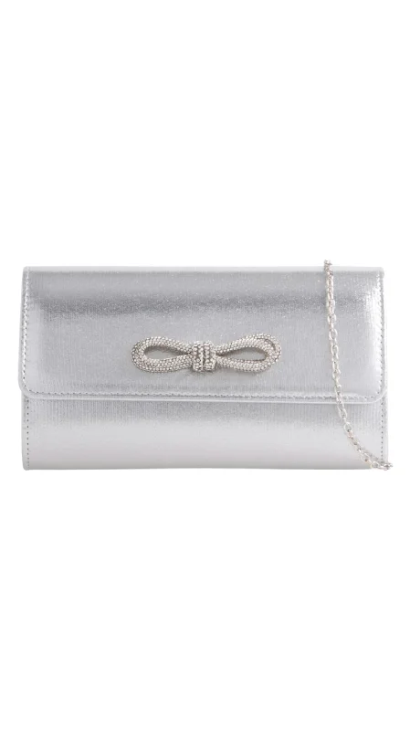 Clutch with a removable strap to be used as a hand - held or cross - bodyEllen Clutch- Metallic Silver Clutch with a removable strap to be used as a hand - held or cross - bodyEllen Clutch- Metallic Silver