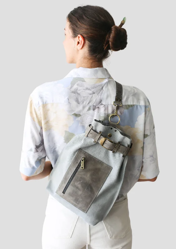 Convertible crossbody bag that can be worn as a shoulder bagGray Suede Sling Backpack Convertible crossbody bag that can be worn as a shoulder bagGray Suede Sling Backpack