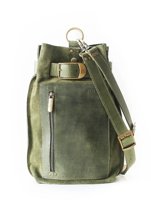 Silk crossbody bag with a delicate print for a feminine touchGreen Suede Sling Backpack