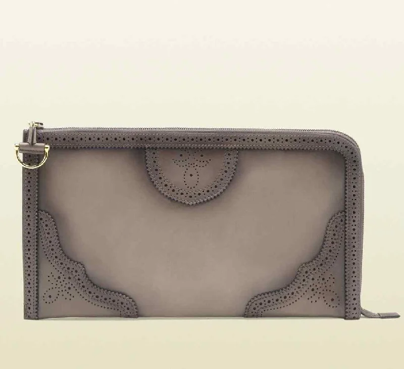 Fur - trimmed evening bag for a luxurious winter eventGUCCI Women's Duilio Brogue Zip Around Leather Clutch Bag Fur - trimmed evening bag for a luxurious winter eventGUCCI Women's Duilio Brogue Zip Around Leather Clutch Bag