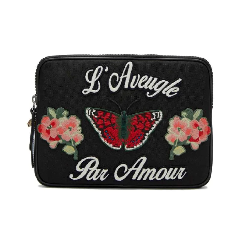 Clutch with a removable strap to be used as a hand - held or cross - bodyGucci Women's Techno Canvas Embroide Butterfly iPad Case Clutch Clutch with a removable strap to be used as a hand - held or cross - bodyGucci Women's Techno Canvas Embroide Butterfly iPad Case Clutch