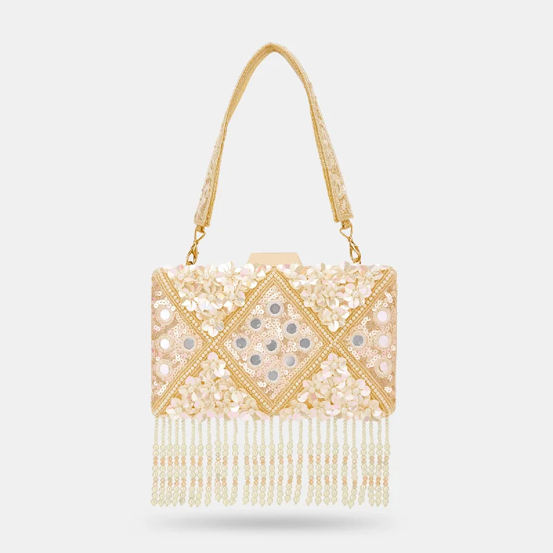 Women's satin clutch with a beaded flower accent for a glamorous eveningLavie Luxe Flower Gold Medium Women's Clutch Women's satin clutch with a beaded flower accent for a glamorous eveningLavie Luxe Flower Gold Medium Women's Clutch