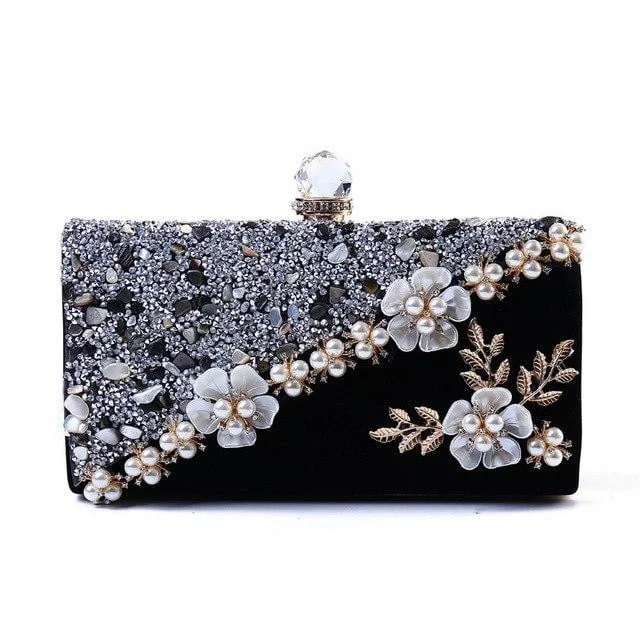 Velvet clutch with a tassel detail for a bohemian - chic styleLuxy Moon Flower Evening Bags with Pearl Embellishment Velvet clutch with a tassel detail for a bohemian - chic styleLuxy Moon Flower Evening Bags with Pearl Embellishment