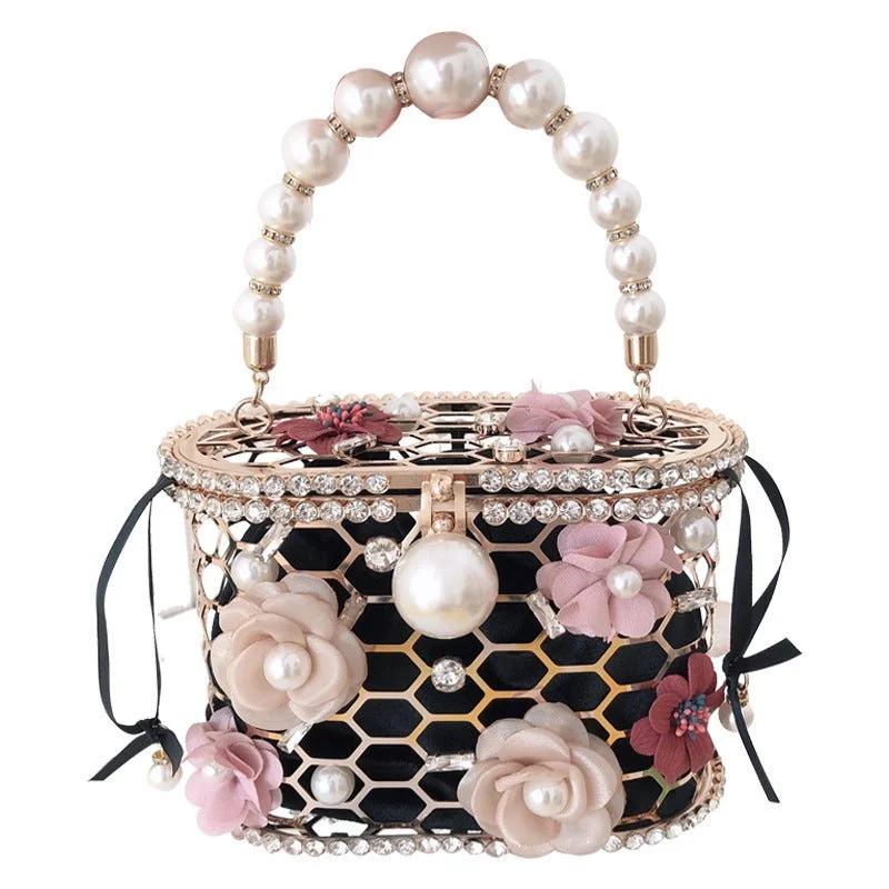 Clutch with a built - in mirror and compact for on - the - go touch - upsLuxy Moon Wedding Clutch Purse Flower Pearl Handbag Rhinestone Bucket Bag Clutch with a built - in mirror and compact for on - the - go touch - upsLuxy Moon Wedding Clutch Purse Flower Pearl Handbag Rhinestone Bucket Bag