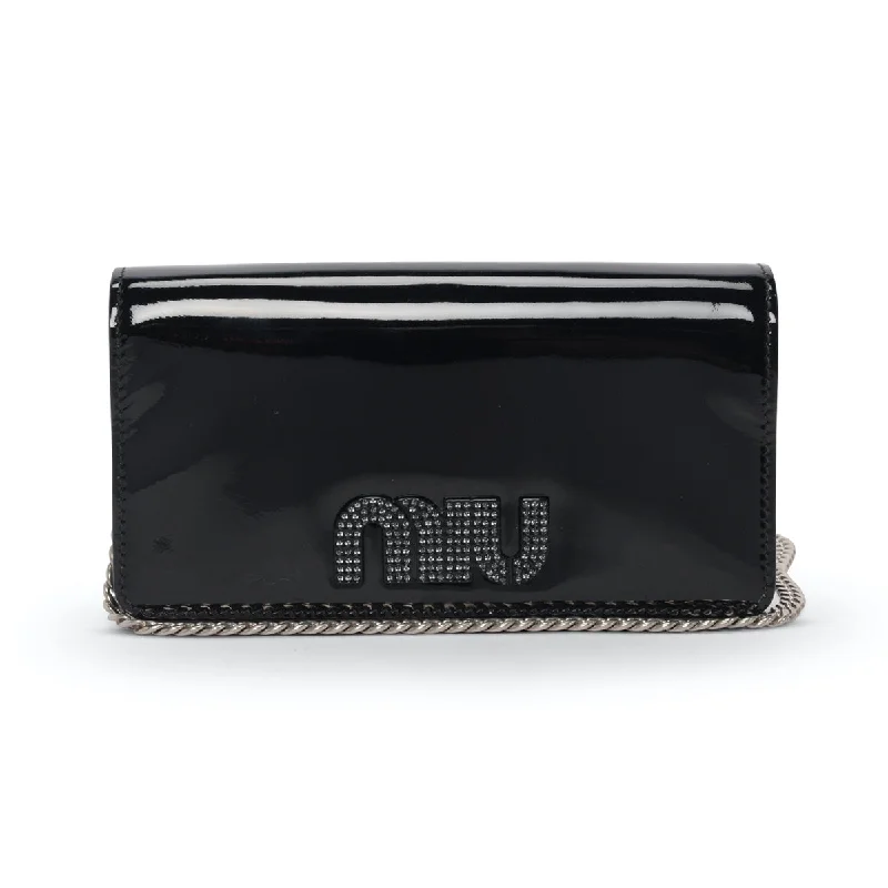 Clutch with a built - in mirror and compact for on - the - go touch - upsMiu Miu Black Patent Crystal Logo Clutch With Chain Clutch with a built - in mirror and compact for on - the - go touch - upsMiu Miu Black Patent Crystal Logo Clutch With Chain