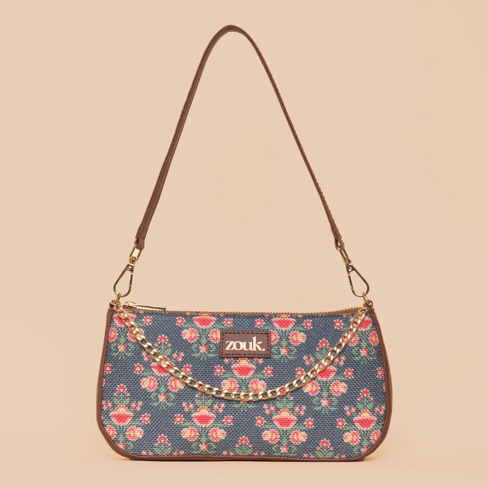Clutch with a built - in mirror and compact for on - the - go touch - upsMughal Garden Print Baguette Clutch with a built - in mirror and compact for on - the - go touch - upsMughal Garden Print Baguette