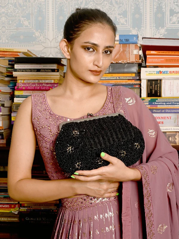 Fur - trimmed evening bag for a luxurious winter eventOdette Black Beads Embroidered Clutch For Women Fur - trimmed evening bag for a luxurious winter eventOdette Black Beads Embroidered Clutch For Women