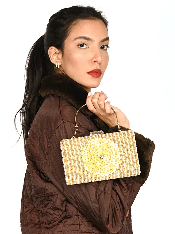 Embroidered silk clutch with a traditional motif for a cultural touchOdette Gold Embroidered Bridal Clutch For Women