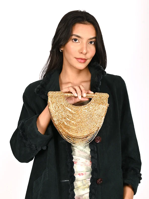 Mother - of - pearl clutch with a delicate sheenOdette Gold Tasseled Moon Clutch For Women