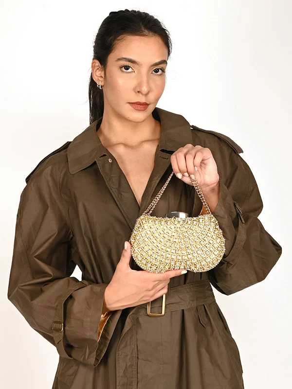 Laser - cut leather evening bag with an intricate patternOdette Metallic Gold Metal Clutch For Women Laser - cut leather evening bag with an intricate patternOdette Metallic Gold Metal Clutch For Women