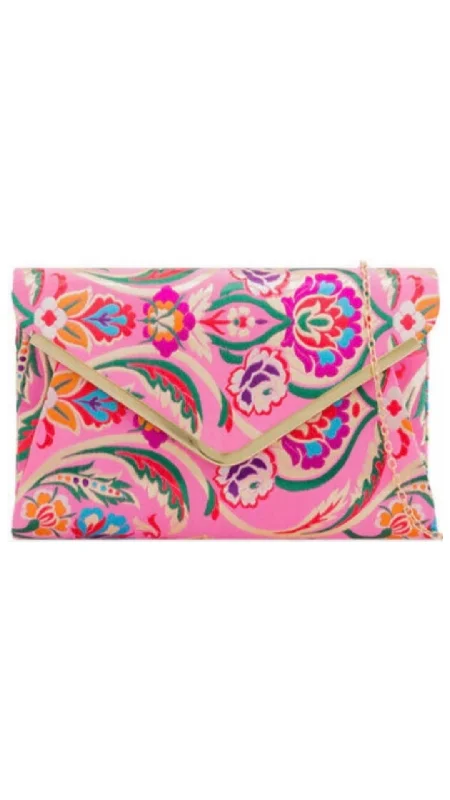 Leather evening bag with a gold - plated chain strap for a sophisticated lookOriental Clutch- Pink