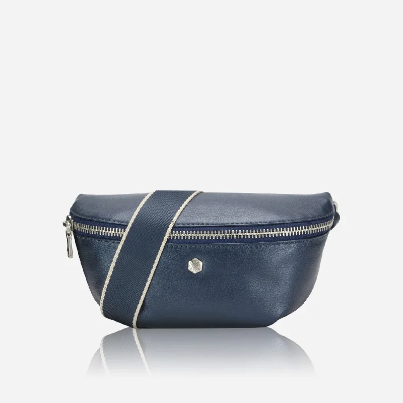 Mini crossbody bag with a chain strap for a trendy and compact lookOsaka Slim Ladies Leather Waist Bag, Metallic Indigo Mini crossbody bag with a chain strap for a trendy and compact lookOsaka Slim Ladies Leather Waist Bag, Metallic Indigo