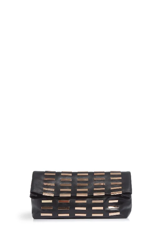 Geometric - shaped evening bag for a contemporary aestheticPhoebe Foldover Bag in Black Nappa Leather with Rose Gold Hardware Geometric - shaped evening bag for a contemporary aestheticPhoebe Foldover Bag in Black Nappa Leather with Rose Gold Hardware