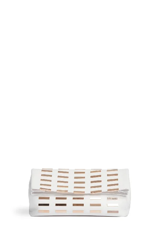 Lace - covered clutch for a romantic and feminine lookPhoebe Foldover Bag in Ivory Nappa Leather with Rose Gold Hardware Lace - covered clutch for a romantic and feminine lookPhoebe Foldover Bag in Ivory Nappa Leather with Rose Gold Hardware