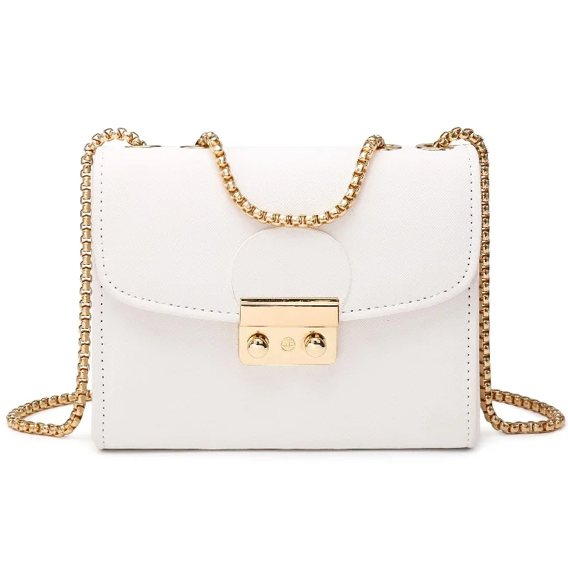 Mini crossbody bag with a chain strap for a trendy and compact lookPush Lock Lightweight Vegan Leather Crossbody Bag With Chain Strap By Dasein Mini crossbody bag with a chain strap for a trendy and compact lookPush Lock Lightweight Vegan Leather Crossbody Bag With Chain Strap By Dasein
