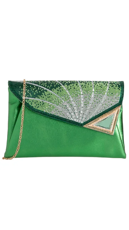 Clutch with a removable strap to be used as a hand - held or cross - bodyRia Clutch- Green Clutch with a removable strap to be used as a hand - held or cross - bodyRia Clutch- Green