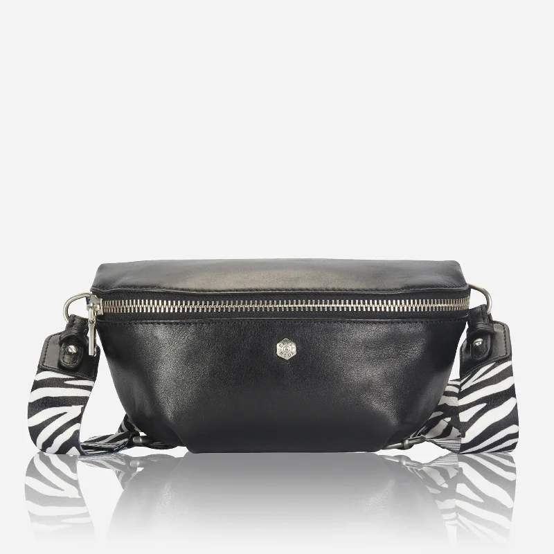 Canvas crossbody bag with a patchwork design for a casual and artsy feelOsaka Slim Ladies Leather Waist Bag, Black Canvas crossbody bag with a patchwork design for a casual and artsy feelOsaka Slim Ladies Leather Waist Bag, Black