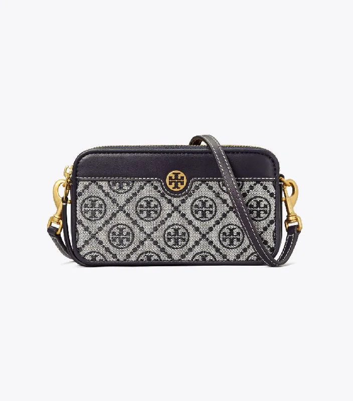Women's leather crossbody bag with a tassel charm for a bohemian styleT MONOGRAM JACQUARD DOUBLE-ZIP MINI BAG