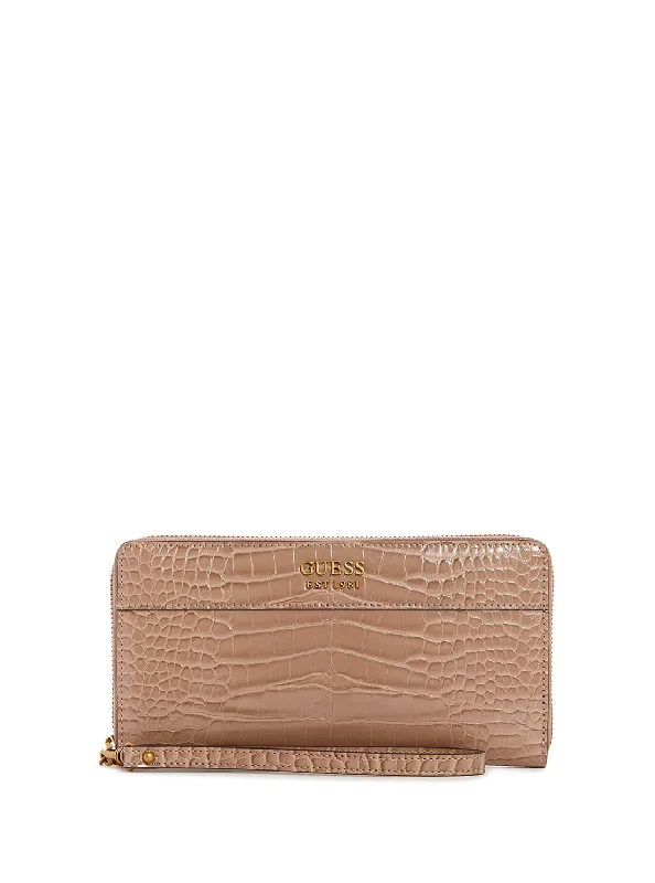Clutch with a removable strap to be used as a hand - held or cross - bodyTaupe Croc Katey Cheque Organiser Wallet Clutch with a removable strap to be used as a hand - held or cross - bodyTaupe Croc Katey Cheque Organiser Wallet