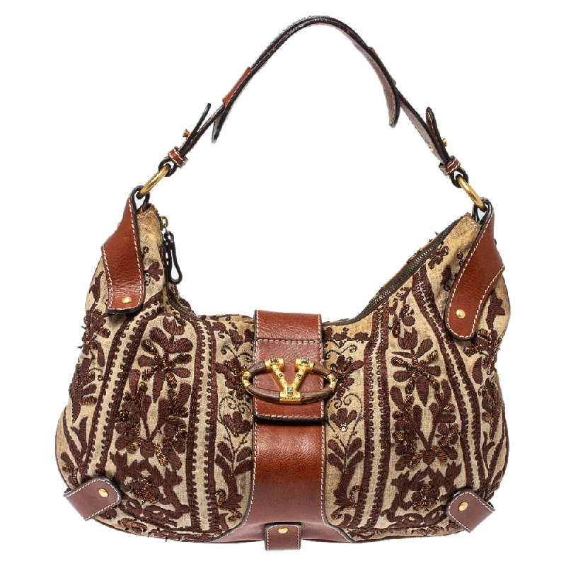Valentino /brown Canvas And Leather Embroidered Hobo