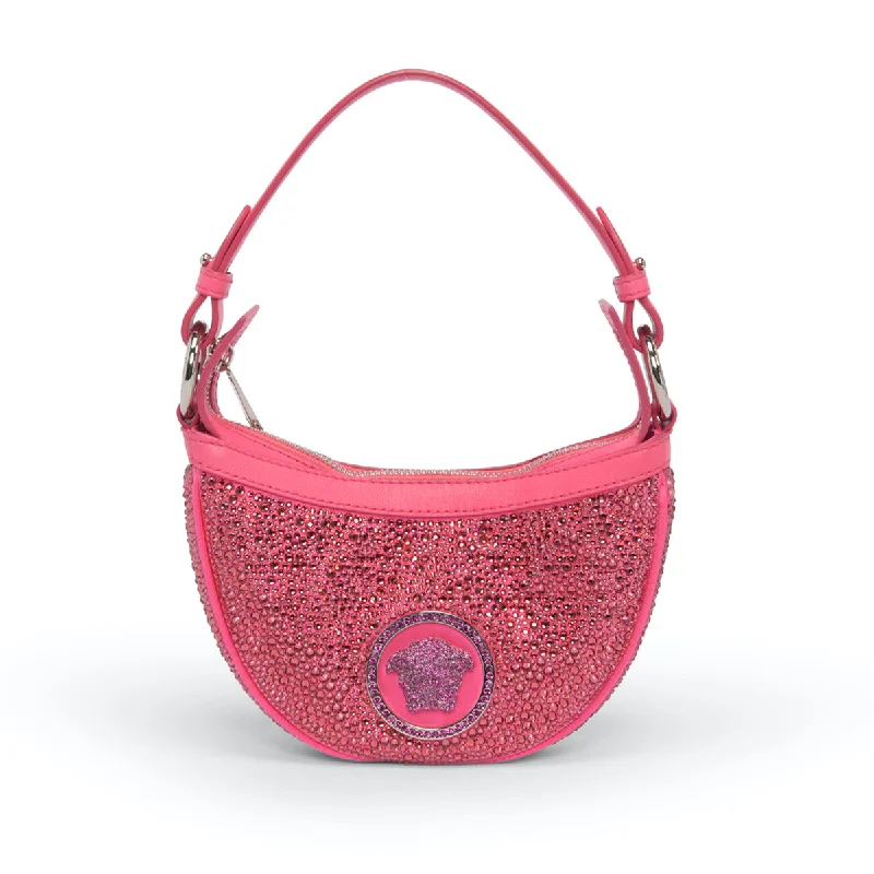Fur - trimmed evening bag for a luxurious winter eventVersace Pink Crystal Repeat Mini Embellished Medusa Bag Fur - trimmed evening bag for a luxurious winter eventVersace Pink Crystal Repeat Mini Embellished Medusa Bag